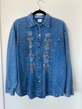 Vintage-Inspired Blue Embroidered Denim Button-Down Shirt